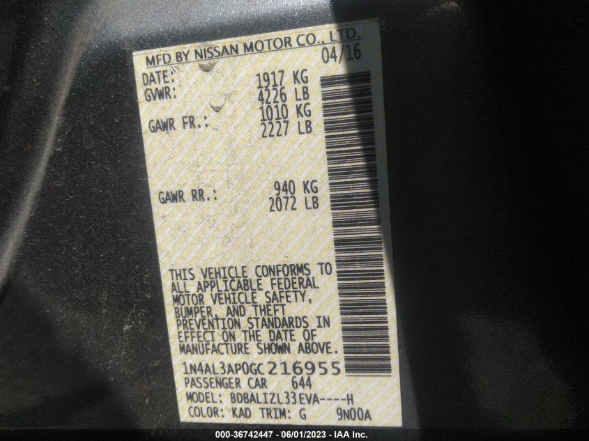 2016 NISSAN ALTIMA 2.5 SV - 1N4AL3AP0GC216955