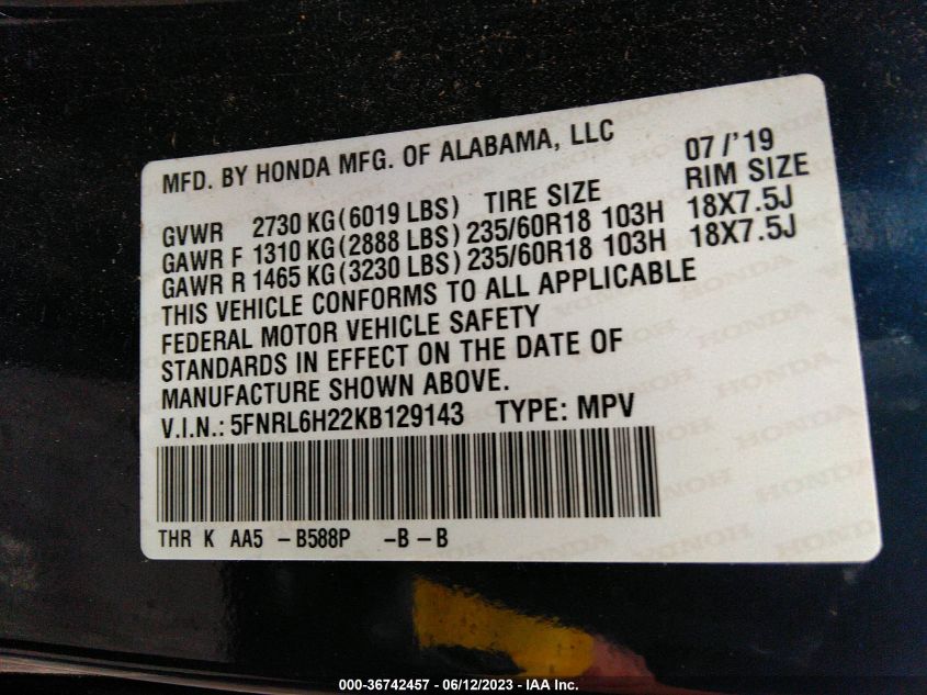 2019 HONDA ODYSSEY LX - 5FNRL6H22KB129143