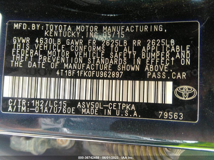2015 TOYOTA CAMRY XLE/SE/LE/XSE - 4T1BF1FK0FU962897