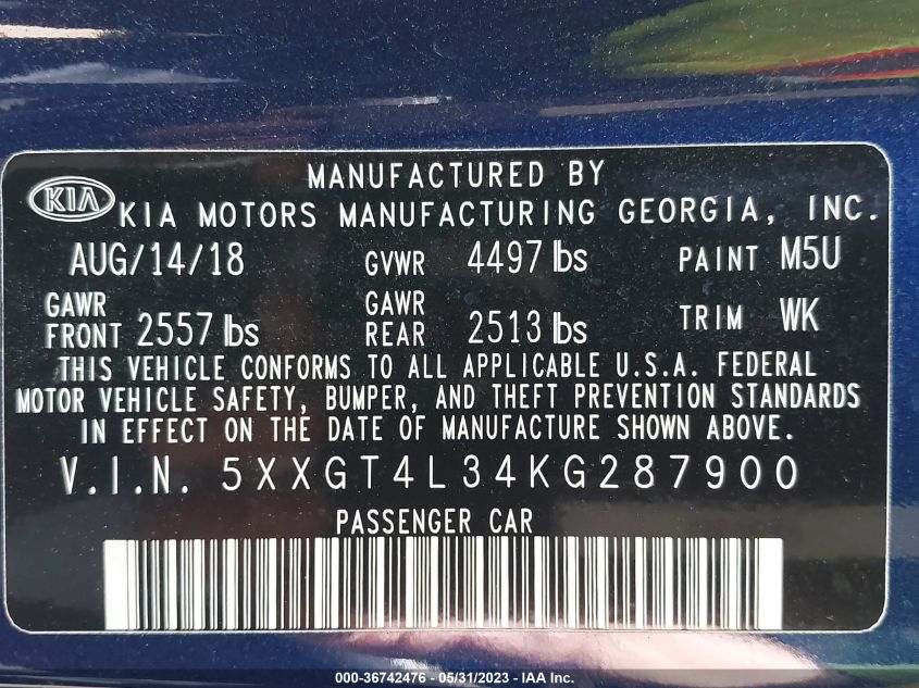 2019 KIA OPTIMA S - 5XXGT4L34KG287900