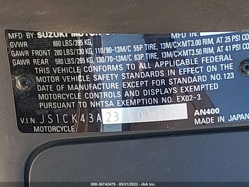 2003 SUZUKI AN400 K3 JS1CK43A232101918