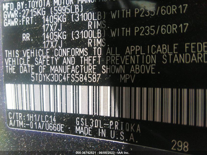 2015 TOYOTA SIENNA XLE/XLE AAS/LTD - 5TDYK3DC4FS584587