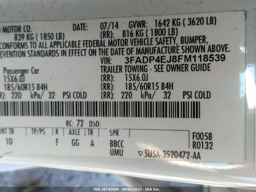 2015 FORD FIESTA SE - 3FADP4EJ8FM118539