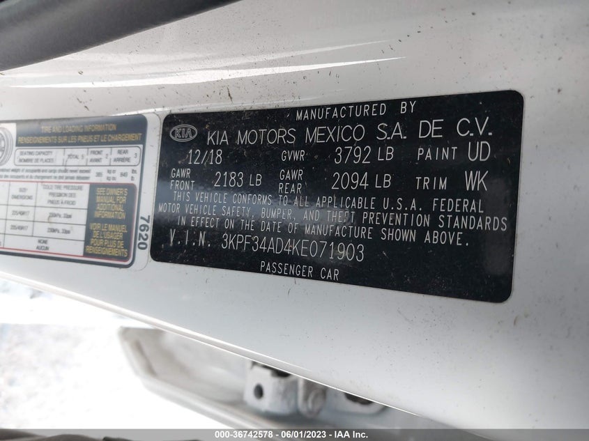 VIN 3KPF34AD4KE071903 2019 KIA FORTE S