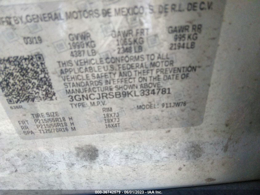 2019 CHEVROLET TRAX PREMIER - 3GNCJRSB9KL334781
