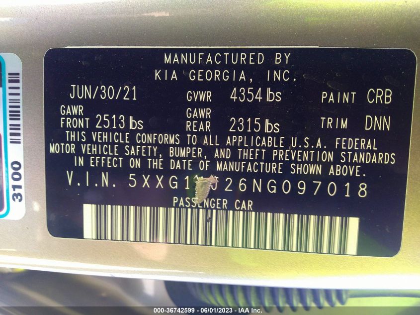 2022 KIA K5 LXS - 5XXG14J26NG097018