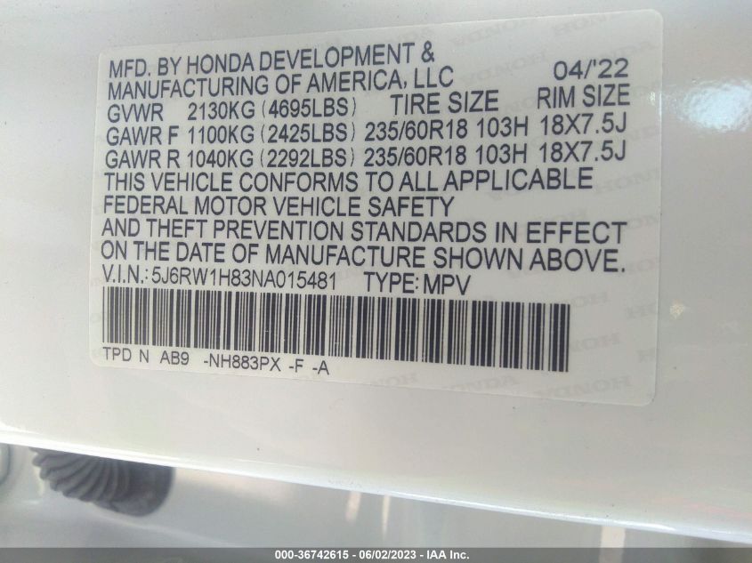 2022 HONDA CR-V EX-L - 5J6RW1H83NA015481