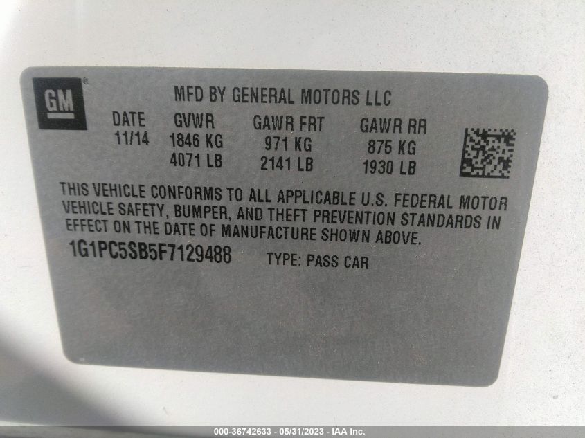 2015 CHEVROLET CRUZE LT - 1G1PC5SB5F7129488