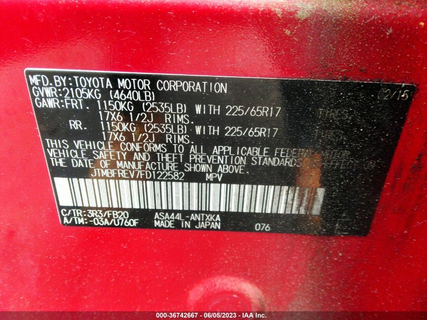 2015 TOYOTA RAV4 LE - JTMBFREV7FD122582