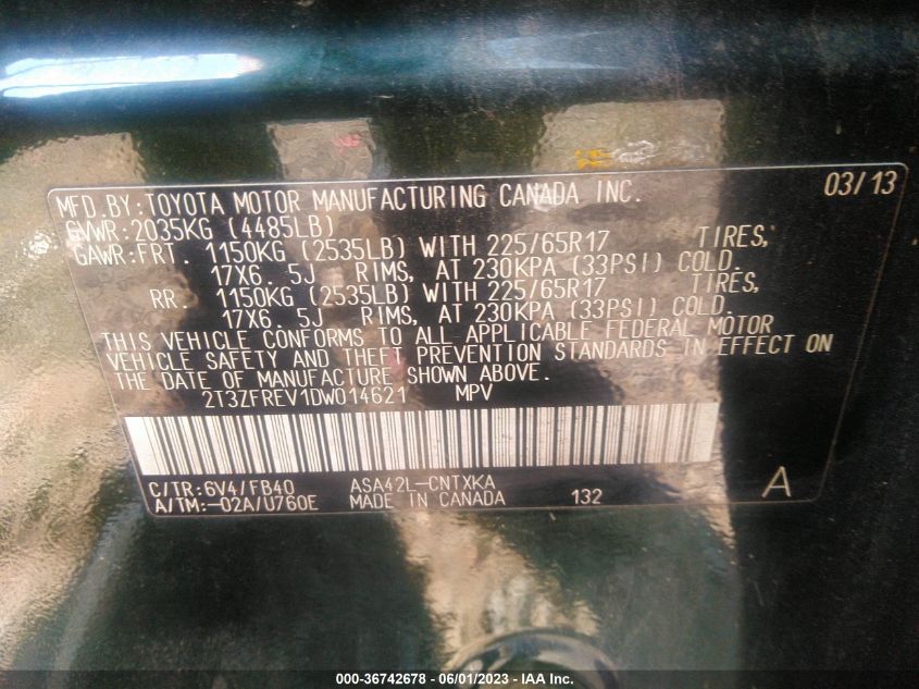 2013 TOYOTA RAV4 LE - 2T3ZFREV1DW014621