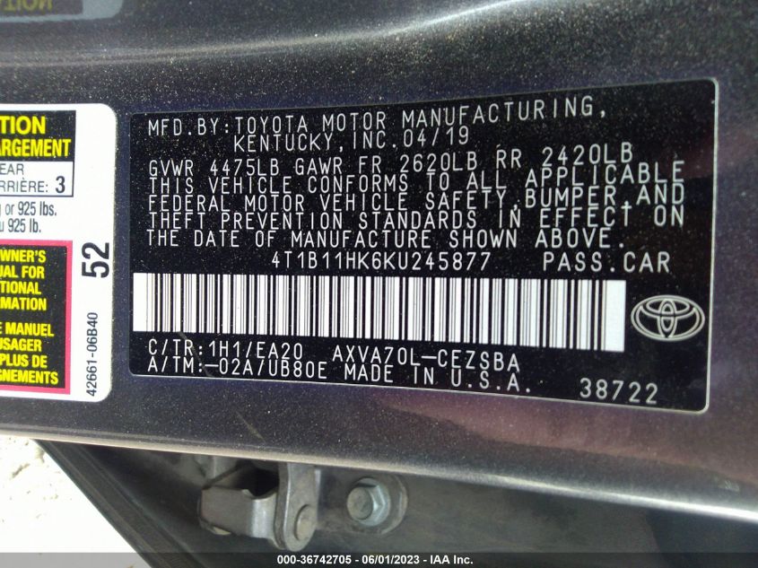 2019 TOYOTA CAMRY LE/SE/XLE/L - 4T1B11HK6KU245877