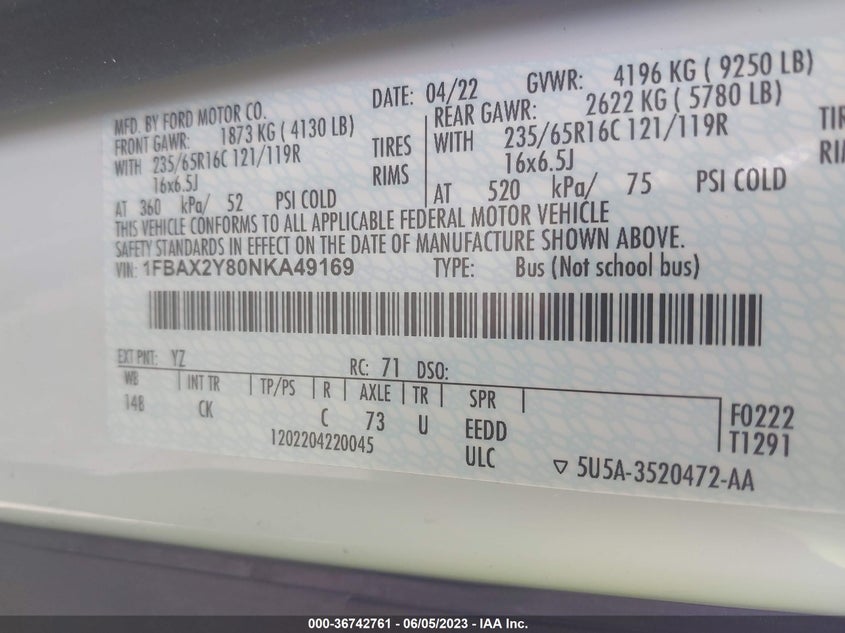 VIN 1FBAX2Y80NKA49169 2022 FORD TRANSIT PASSENGER WAGON XL/XLT