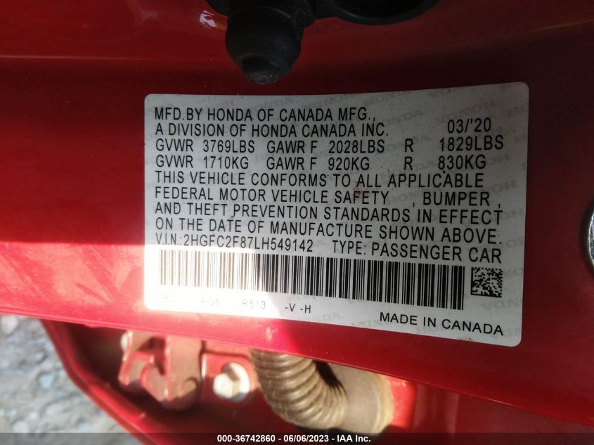 2020 HONDA CIVIC SEDAN SPORT - 2HGFC2F87LH549142