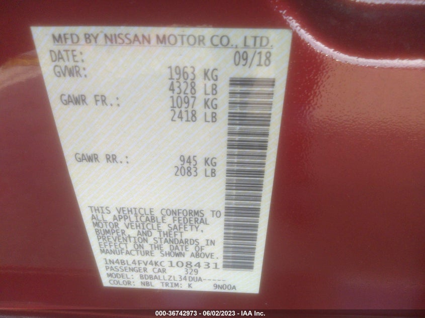 VIN 1N4BL4FV4KC108431 2019 NISSAN ALTIMA 2.5 PLATINUM
