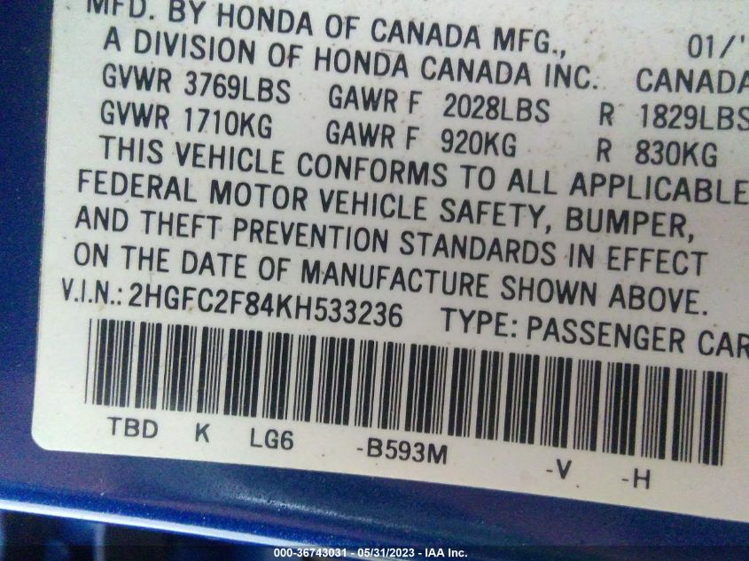 2019 HONDA CIVIC SEDAN SPORT - 2HGFC2F84KH533236