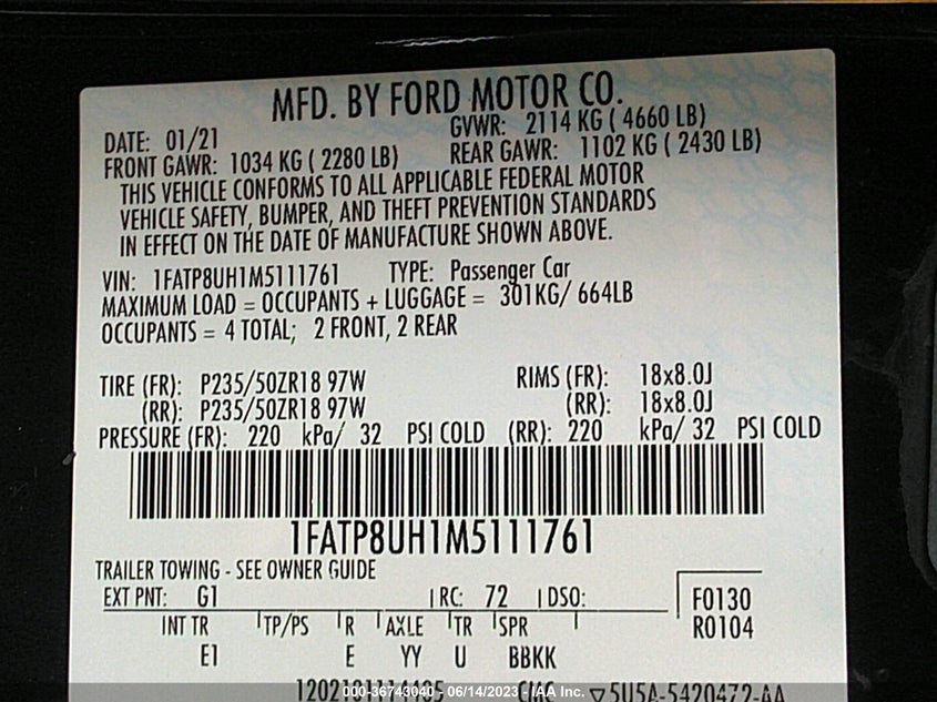 VIN 1FATP8UH1M5111761 2021 FORD MUSTANG ECOBOOST