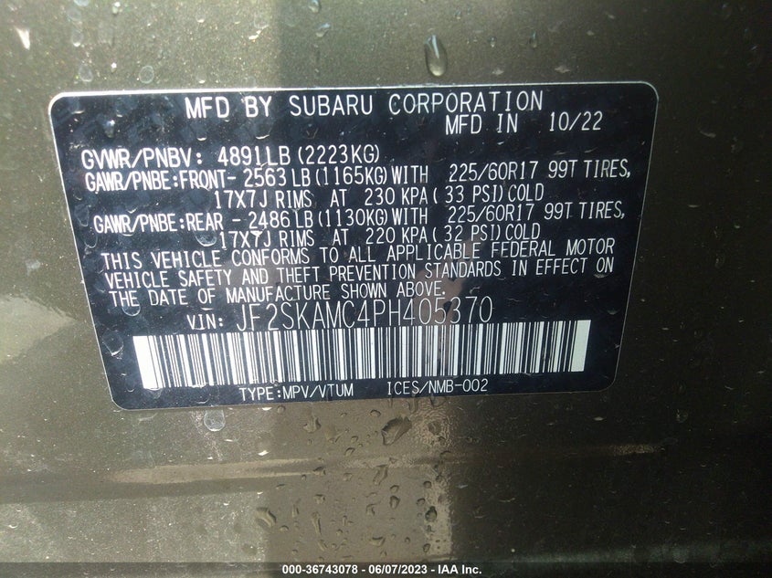 VIN JF2SKAMC4PH405370 2023 SUBARU FORESTER WILDERNESS