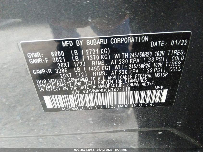 2022 SUBARU ASCENT TOURING - 4S4WMARD6N3421118