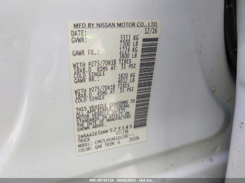 2017 NISSAN TITAN SL - 1N6AA1E5XHN523145