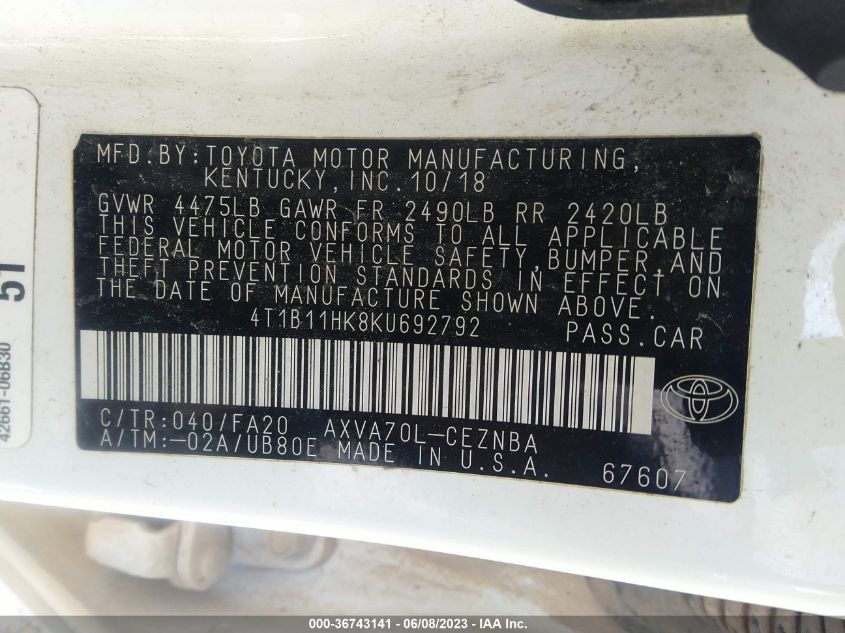 2019 TOYOTA CAMRY LE/SE/XLE/L - 4T1B11HK8KU692792