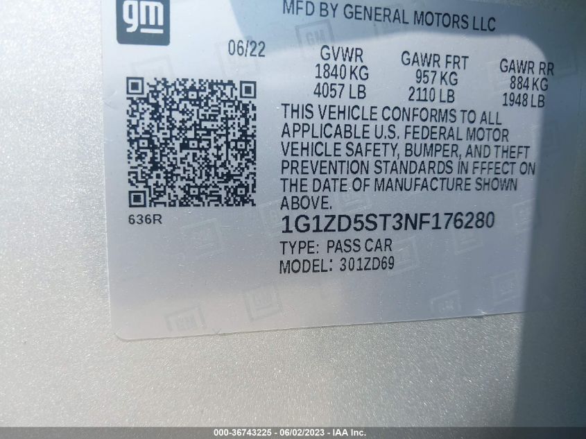 2022 CHEVROLET MALIBU LT - 1G1ZD5ST3NF176280