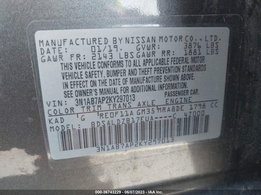 VIN 3N1AB7AP2KY297013 2019 NISSAN SENTRA SV