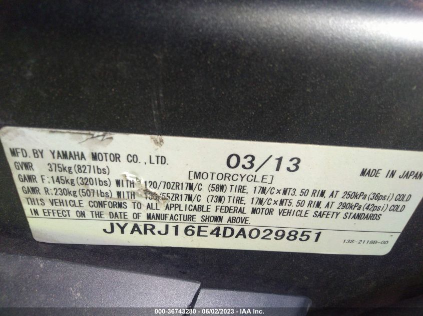 2013 YAMAHA YZFR6 JYARJ16E4DA029851