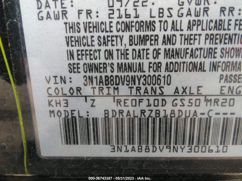 2022 NISSAN SENTRA SR - 3N1AB8DV9NY300610