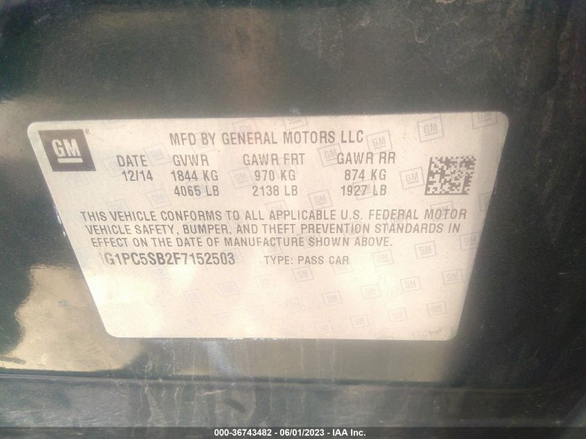 2015 CHEVROLET CRUZE LT - 1G1PC5SB2F7152503