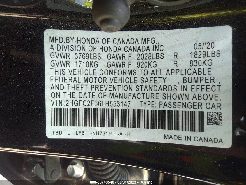 VIN 2HGFC2F66LH553147 2020 HONDA CIVIC SEDAN LX