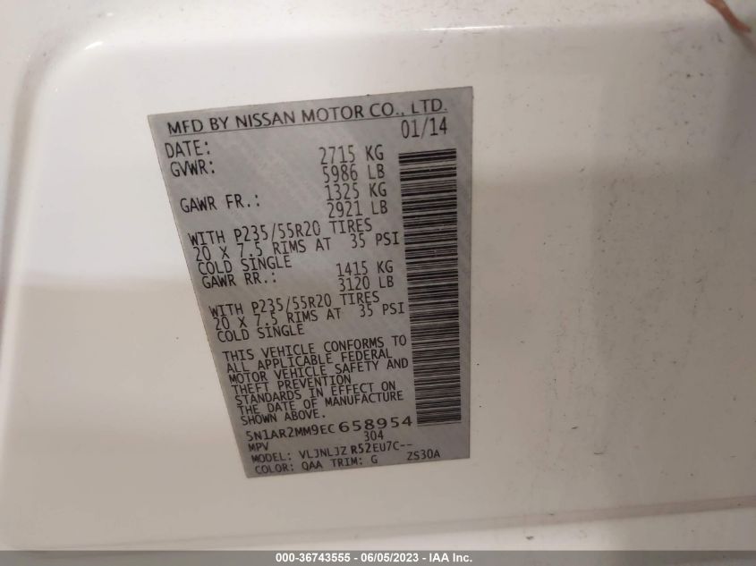 2014 NISSAN PATHFINDER PLATINUM - 5N1AR2MM9EC658954