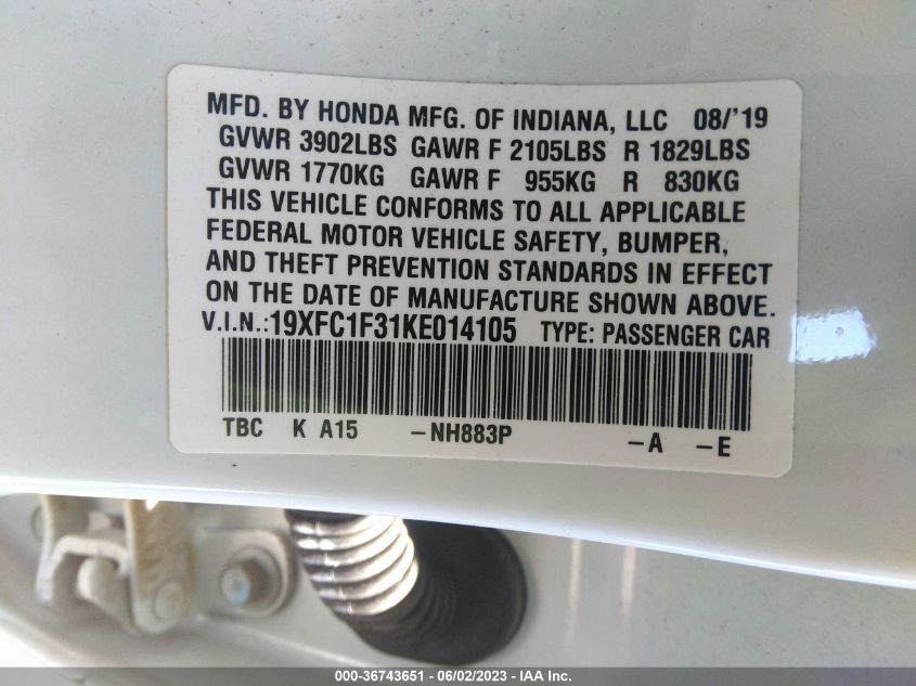 2019 HONDA CIVIC SEDAN EX - 19XFC1F31KE014105