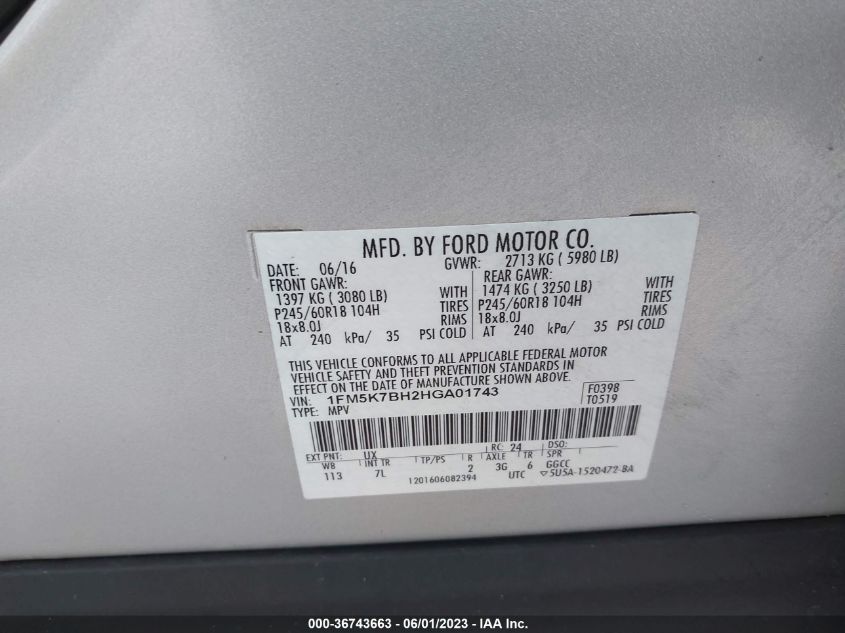 2017 FORD EXPLORER BASE - 1FM5K7BH2HGA01743