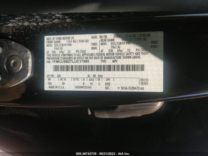 VIN 1FMCU9BZ7LUC17085 2020 FORD ESCAPE SE SPORT HYBRID