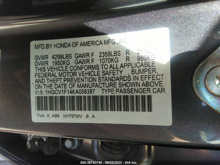 2019 HONDA ACCORD SEDAN LX 1.5T - 1HGCV1F14KA058387