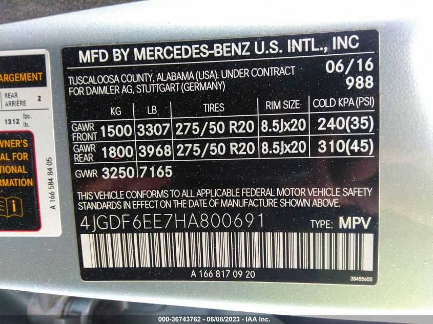 2017 MERCEDES-BENZ GLS GLS 450 - 4JGDF6EE7HA800691