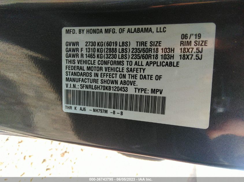 2019 HONDA ODYSSEY EX-L - 5FNRL6H70KB120453