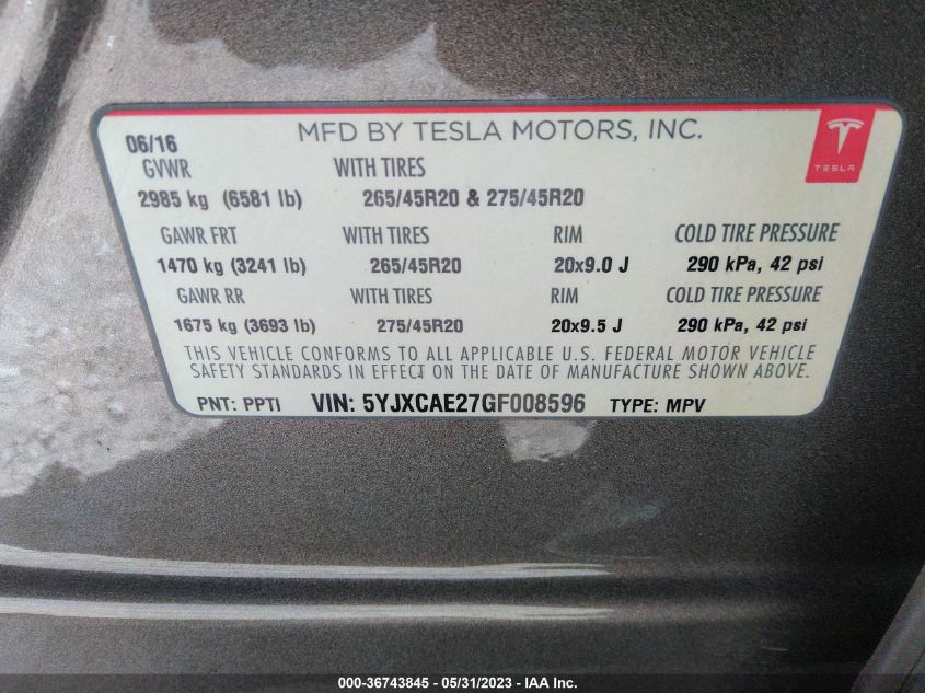 2016 TESLA MODEL X 70D/90D/75D/60D - 5YJXCAE27GF008596