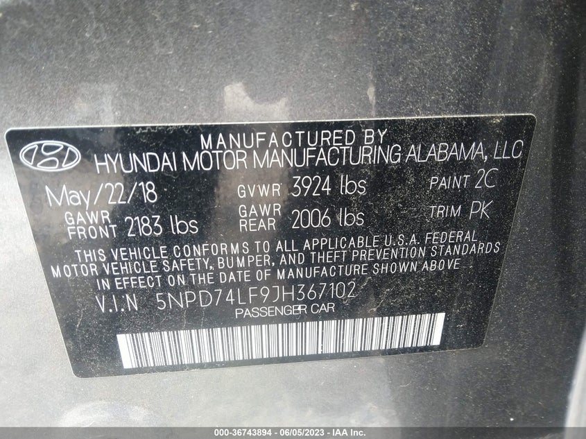 VIN 5NPD74LF9JH367102 2018 HYUNDAI ELANTRA SE