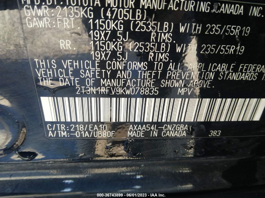 2019 TOYOTA RAV4 LIMITED - 2T3N1RFV9KW078835