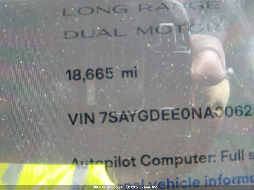 2022 TESLA MODEL Y LONG RANGE - 7SAYGDEE0NA006254