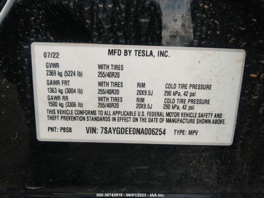 2022 TESLA MODEL Y LONG RANGE - 7SAYGDEE0NA006254
