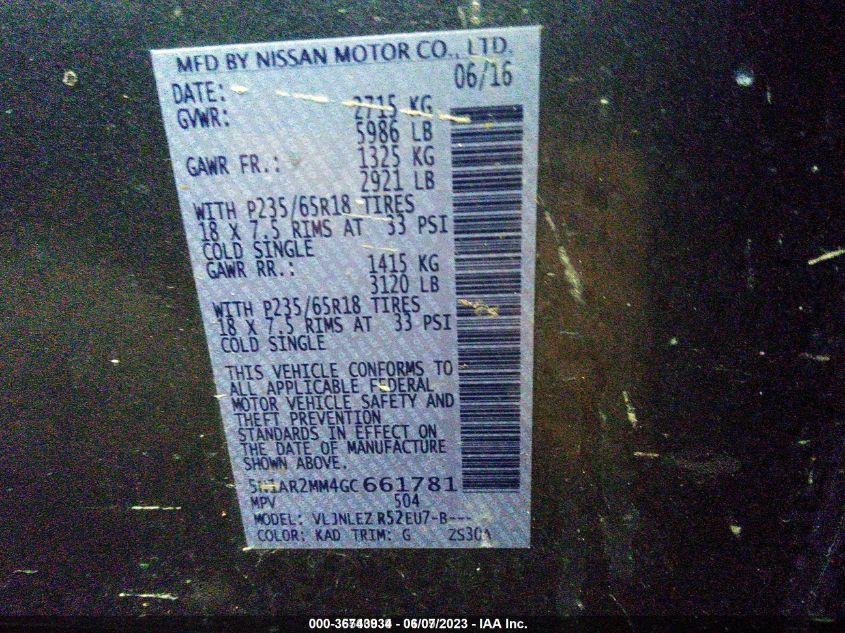 2016 NISSAN PATHFINDER PLATINUM/SV/SL/S - 5N1AR2MM4GC661781