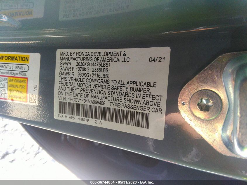 2021 HONDA ACCORD SEDAN SPORT - 1HGCV1F34MA068468