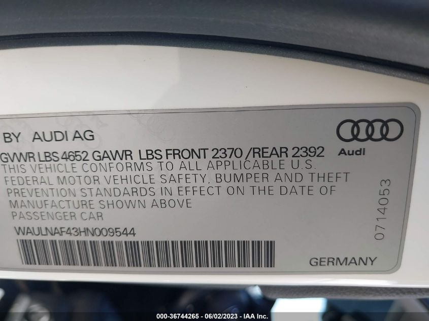 2017 AUDI A4 PREMIUM PLUS - WAULNAF43HN009544