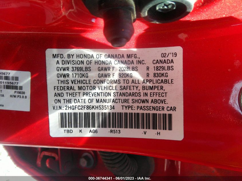 2019 HONDA CIVIC SEDAN SPORT - 2HGFC2F86KH535134