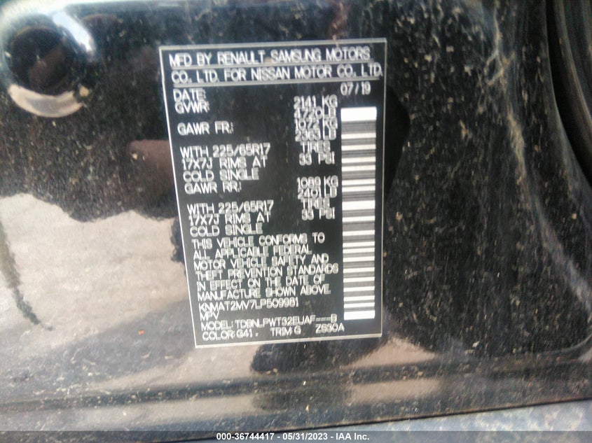 VIN KNMAT2MV7LP509981 2020 NISSAN ROGUE S