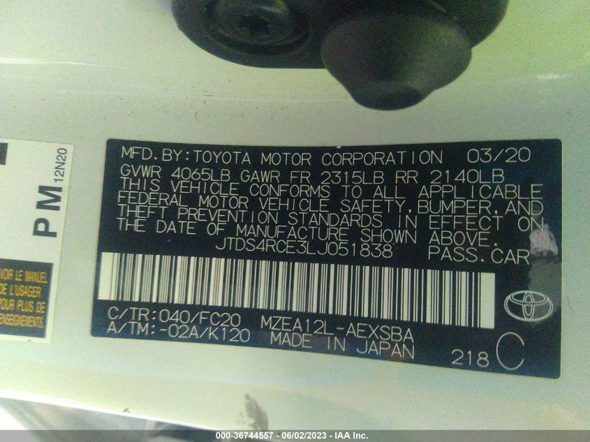 2020 TOYOTA COROLLA SE/NIGHTSHADE - JTDS4RCE3LJ051838