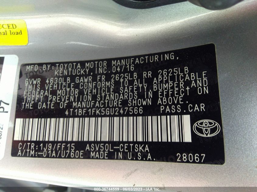 2016 TOYOTA CAMRY XLE/SE/LE/XSE - 4T1BF1FK5GU247566