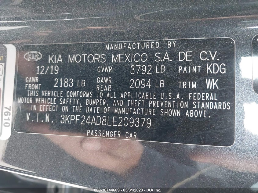 VIN 3KPF24AD8LE209379 2020 KIA FORTE LXS